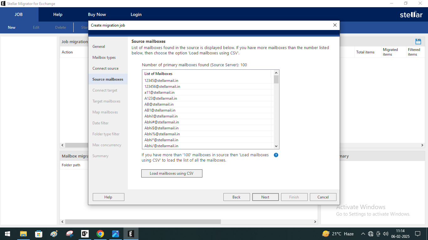 The next section is Source mailboxes and here you can see the list of mailboxes that the software found on the source Exchange server